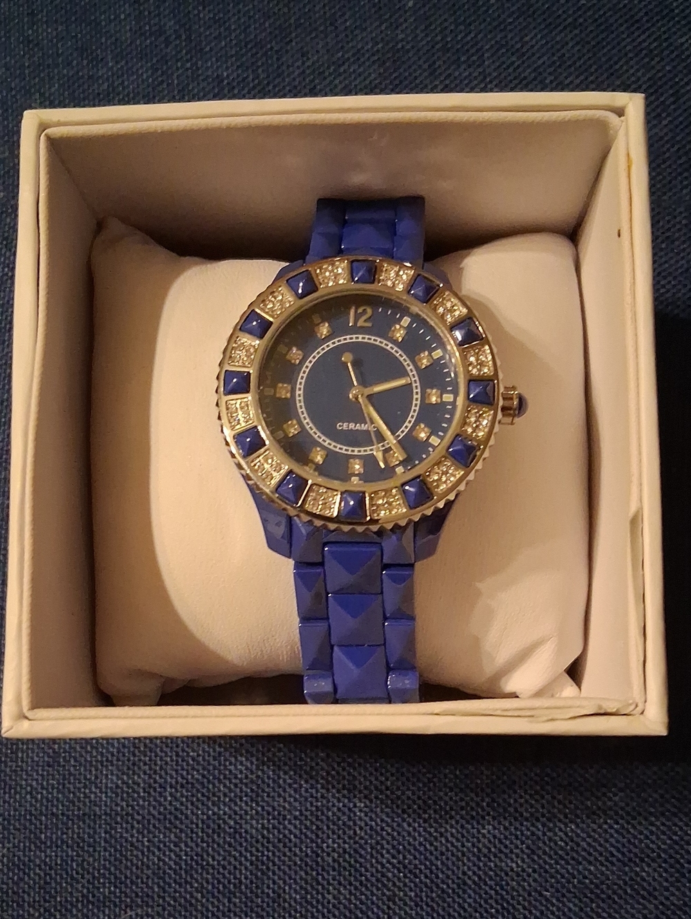 Blue Ceramic Watch with Gold & Crystal Accents